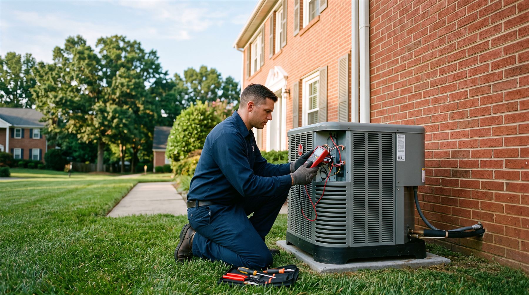 Catawba Ridge technician testing the wiring on an outdoor air conditioning unit beside a brick home