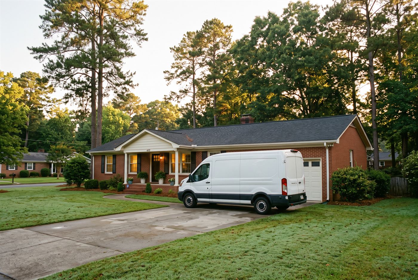 A Catawba Ridge service van parked in the driveway of a brick ranch home on a tree-lined street