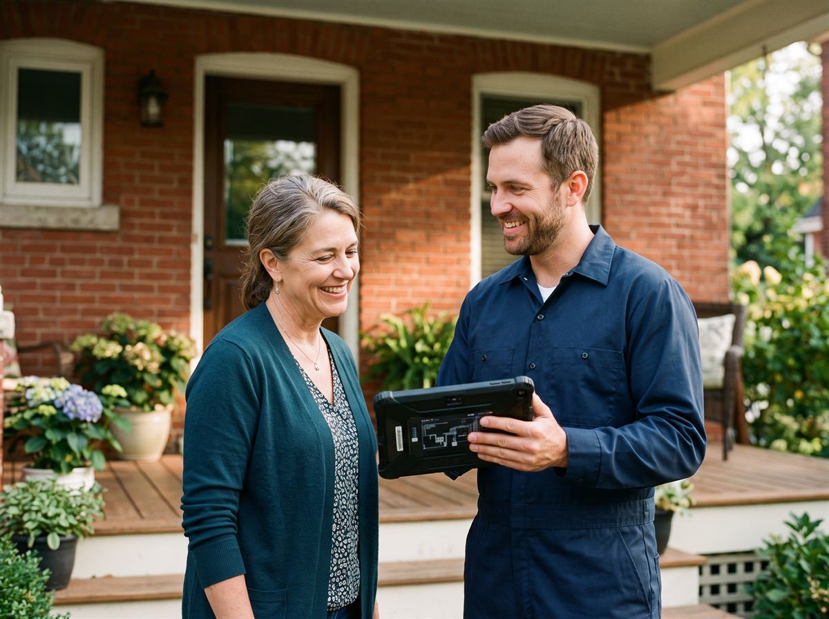 A Catawba Ridge technician walking a homeowner through findings on a tablet at her front door